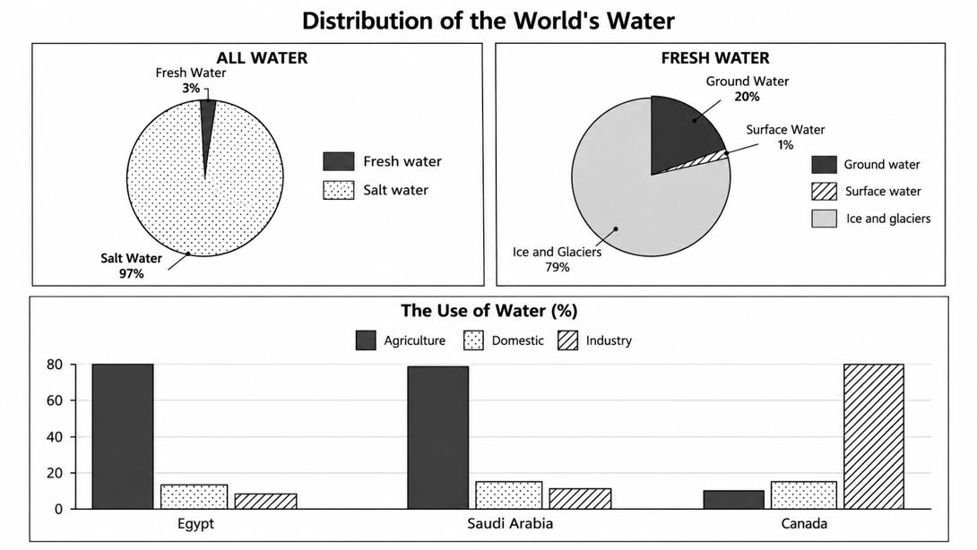 Distribution of the World's Water and Water Use in Three Countries